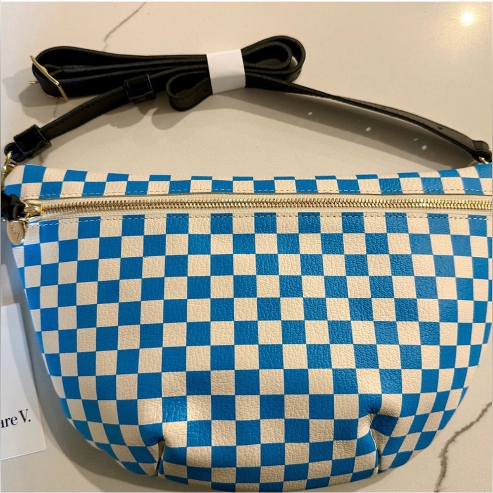 Very Rare Clare V Grande Fanny Blue White Checkered Crossbody